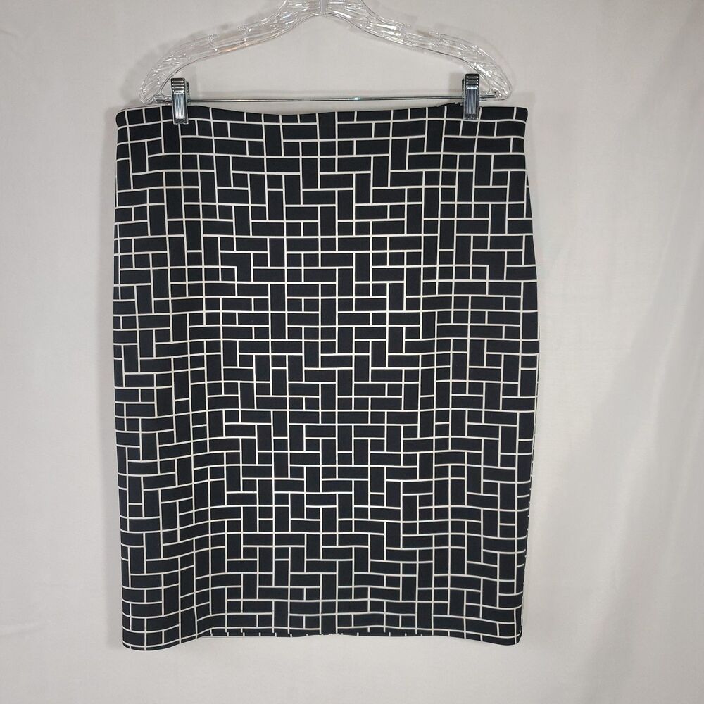 Vince Camuto Black White Geometric Windowpane Pencil Skirt XL Full Back Zip